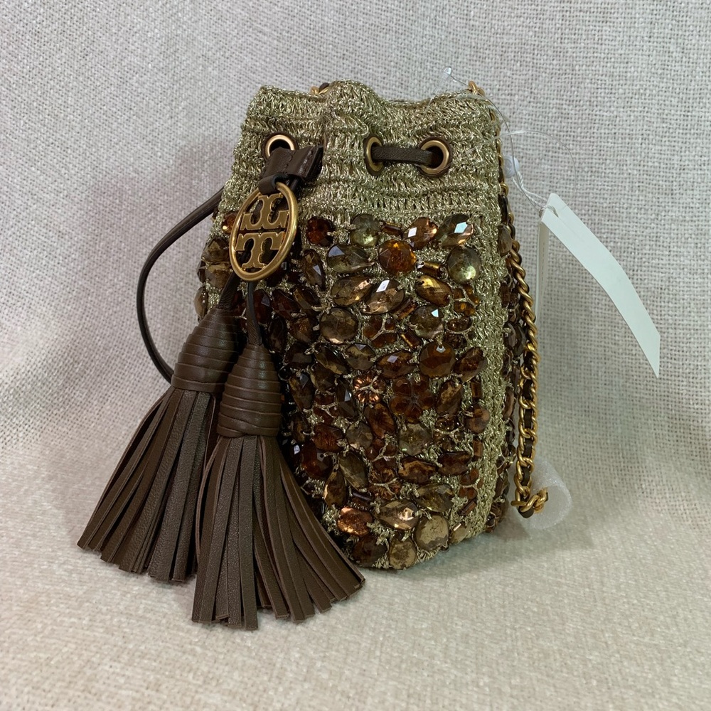 NEW Tory Burch Soft Fleming Gold Crochet Jewel Mini Bucket Tote/Crossbody Bag - Picture 3 of 16